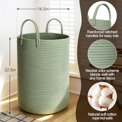 MEGASKET Large Green Laundry Basket, 16.5"x22.5" Tall Woven Cotton Rope Bin - Image 2