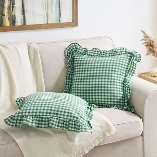 2 Pack Green White Gingham Ruffle Throw Pillow Covers 18''x18'' - Image 3