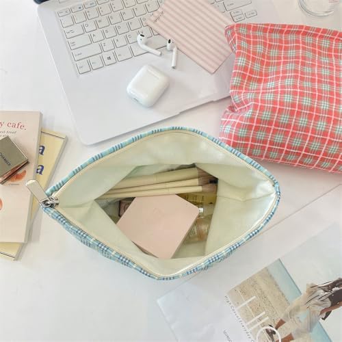Flat Makeup Bag for Women, Zipper Cosmetic Pouch for Purse, Plaid Blue - Image 7