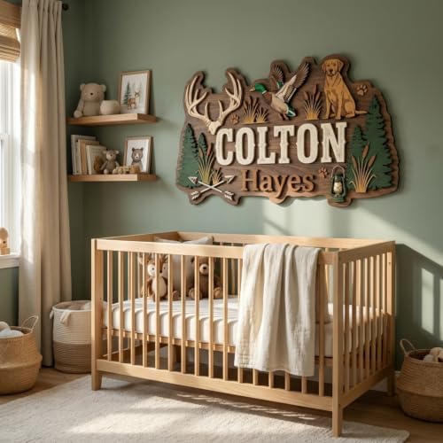 Personalized Hunting Nursery Name Sign, Custom Woodland Deer Duck Dog Wall Decor - Image 2