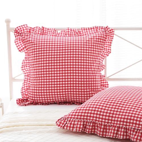 2 Pack Red White Gingham Euro Shams Pillow Covers 26''x26'' by KMASANIJI