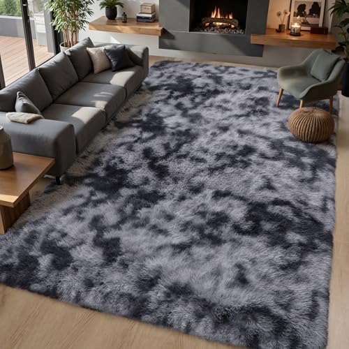 Grey Fluffy 8x10 Area Rug, Tie-Dye Dark Gray Soft Washable Shag Carpet - Image 6