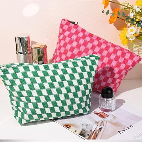 SOIDRAM 2 Pieces Makeup Bag Large Checkered Cosmetic Bag Capacity Canvas Travel - Image 6