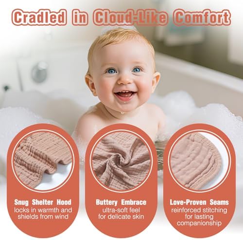 Muslin Hooded Baby Towels, 2 Pack, Light Bean Paste, 32x32 Inch - Image 5