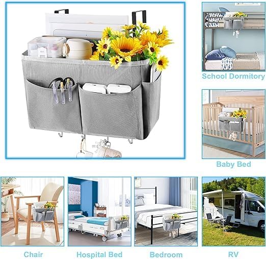 Bedside Caddy Organizer 5 Pockets 4 Hooks Bunk Bed 2Pack Grey - Image 6