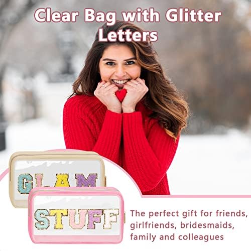 Iqimott Clear Patch Makeup Bag Stuff Pouch, Preppy Personalized Chenille Letter - Image 5