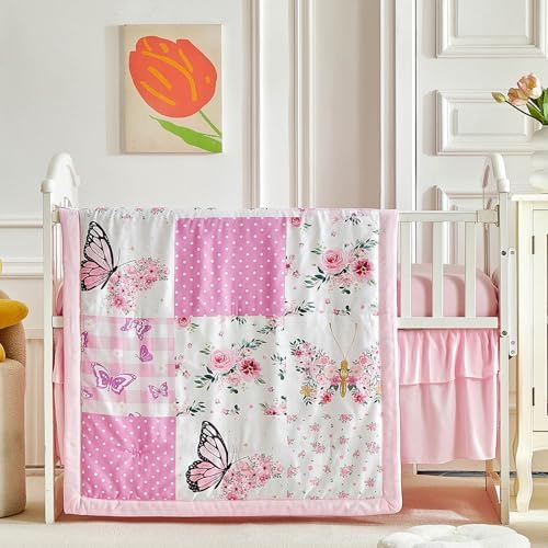 Patchwork Crib Bedding Set Butterfly Plaid Floral Design 3 Pieces Baby Girl by Uozzi+Bedding
