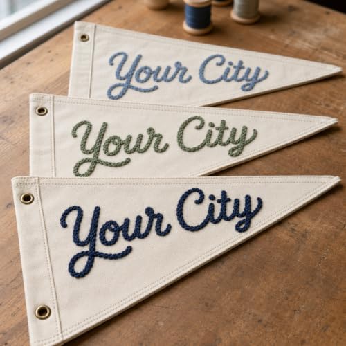 Custom City Name Canvas Pennant Flag, Embroidered City Name Banner Decor by BCXIEPU