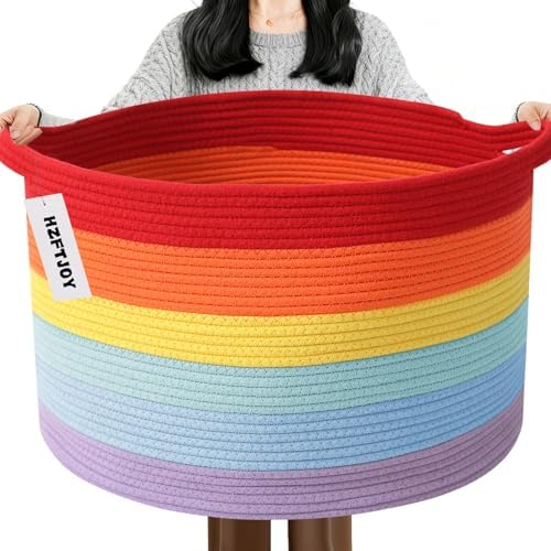 65L Large Blanket Basket, Rope Woven Laundry Basket-Rainbow by HZFTJOY