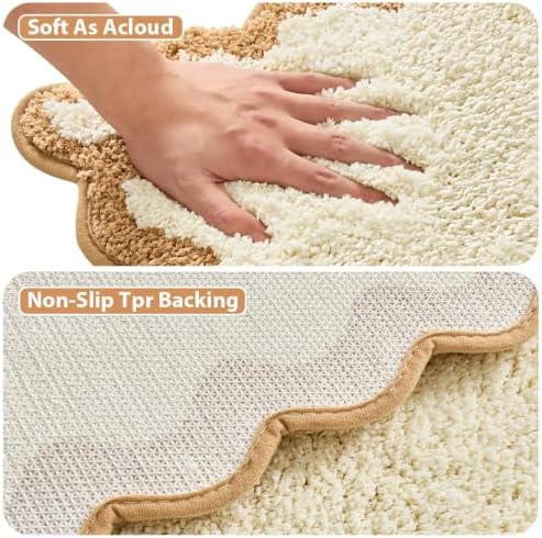 ORTIGIA Cute Beige Scalloped Bath Mat, Quick Dry Bath Rug Absorbent Soft Plush - Image 4