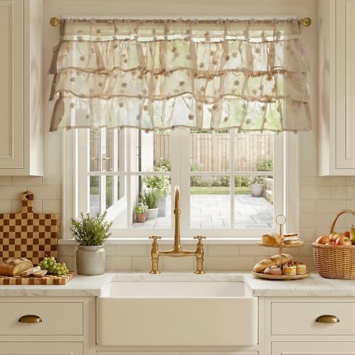 jinchan Ruffled Kitchen Valance Pom-Pom Sheer 1 Panel 18 Inch Beige - Image 2