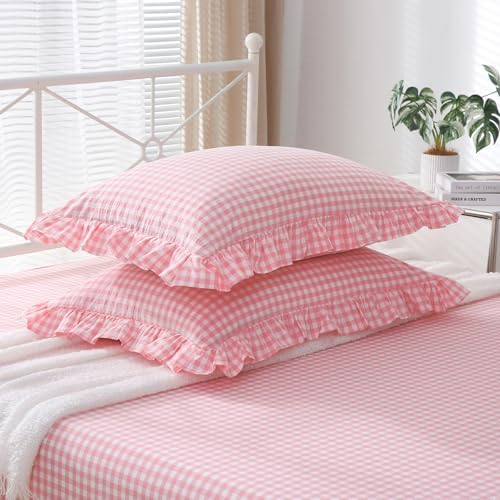 2 Pack Coral Pink Gingham Ruffle Standard Pillow Shams 20"x26" - Image 3