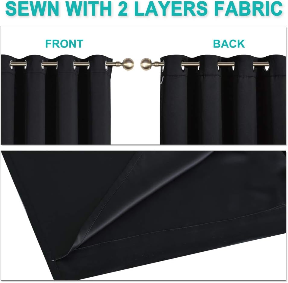 NICETOWN Extra Long Truly Blackout Drapes for Hall and Villa, 52-inch Width Each Panel, 102-inch Length, Black, 2 Pieces, 100% Blackout Window Curtain Panels with Black Lined for Night Shift Worker