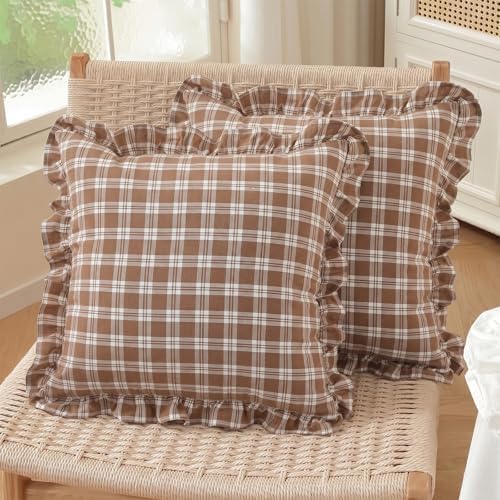 Set of 2 Ruffle Plaid Pillow Covers 18x18 Inch Cotton Brown and White Checkered by HOSTECCO