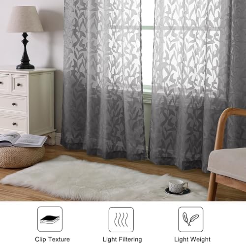 Lecloud Leia Charcoal Grey Sheer Curtains 84 Inches Long 2 Panels, Airy Leaf - Image 7