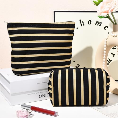 SOIDRAM 2 Pieces Makeup Bag Large Stripe Cosmetic Bag Capacity Canvas Mix - Image 2