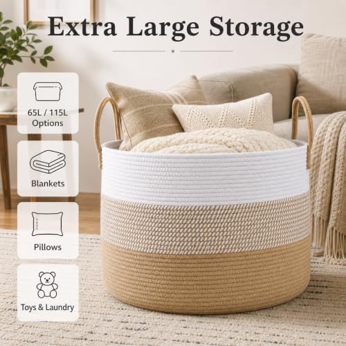 JMvicyroam 65L Extra Large Machine Washable Cotton Rope Blanket Basket - Image 2