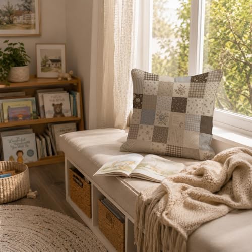 Neutral Farmhouse Floral Patchwork Throw Pillow Cover 18x18 - Image 3