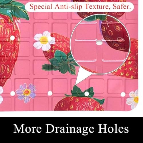 Bathtub Mat Non Slip 26.8x15.1 Inch, Strawberries Daisies Shower Mat - Image 2