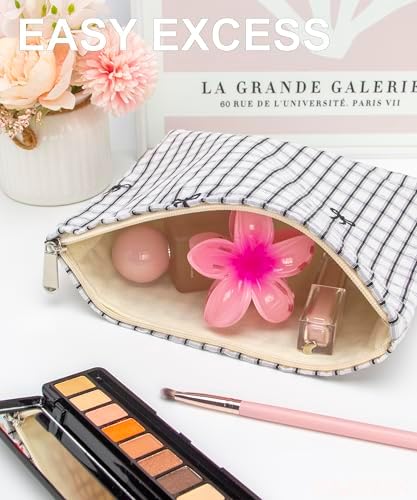 Flat Makeup Bag for Women, Zipper Cosmetic Pouch for Purse, Gingham Black - Image 2