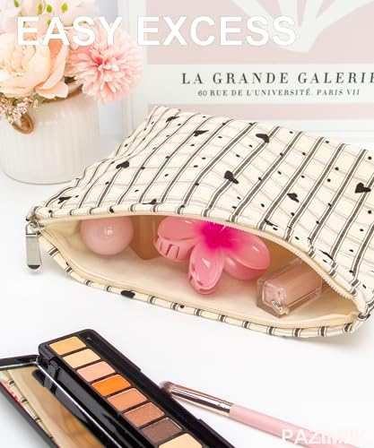 Flat Makeup Bag for Women, Zipper Cosmetic Pouch for Purse, Gingham Heart - Image 2