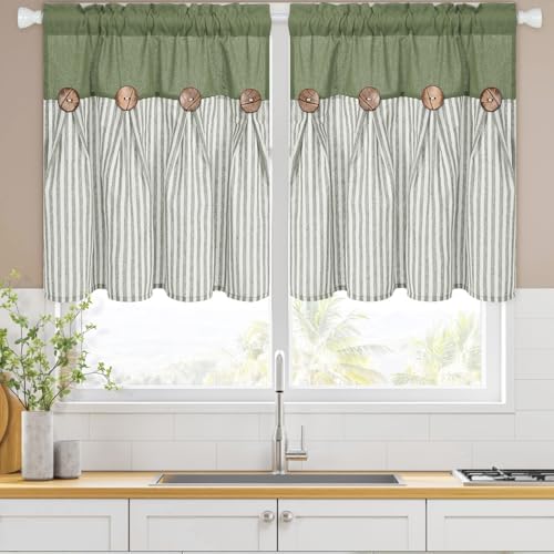 ASPMIZ Linen Kitchen Curtains 24 Inch Length, Farmhouse Boho Button Kitchen - Image 2