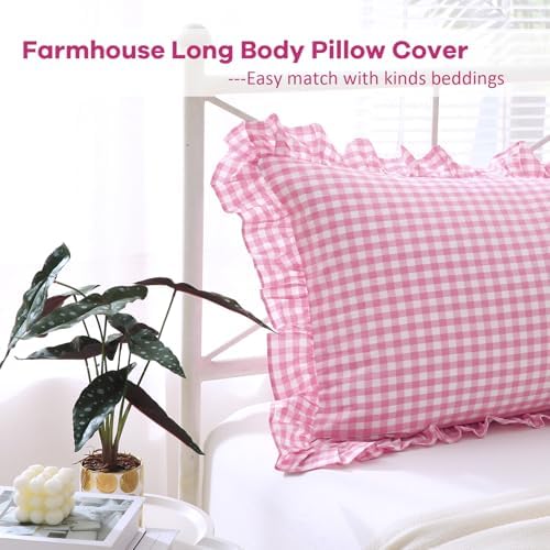 Pink White Gingham Ruffle Body Pillow Cover 20"x54" - Image 3