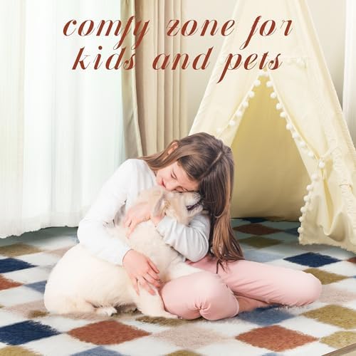 Super Soft Rug for Bedroom, 4x6 Ft Rainbow Area Rug Classic Checkered Shaggy - Image 3