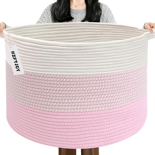 90L Extra Large Blanket Basket, Woven Rope Laundry Basket-Mixed Pink by HZFTJOY