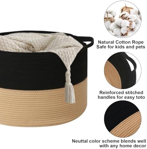 115L Extra Large Blanket Basket, Woven Laundry Basket-Black&Camel - Image 3