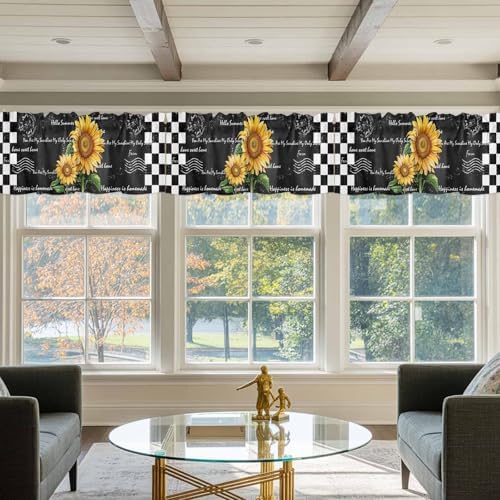 Buffalo Plaid Valance Curtains For Windows, Farmhouse Sunflower Rod Pocket - Image 4