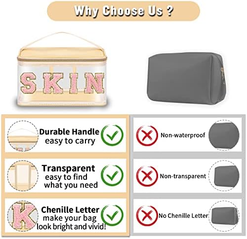 Chenille Letter Clear Makeup Bags Skin Pouch, Preppy Patch Makeup Bag Zipper - Image 4