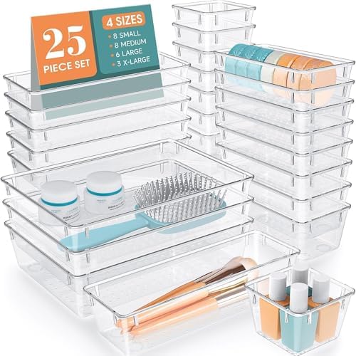 25 PCS Clear Plastic Drawer Organizer, Makeup Organizers and Storage Bins by WOWBOX