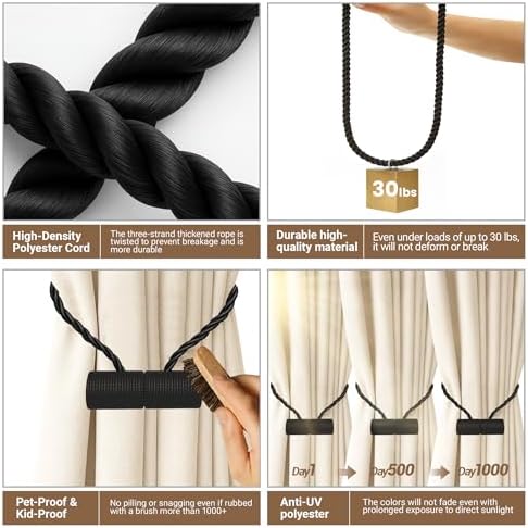Hion Magnetic Curtain Tiebacks Black 4pcs, Curtain Holdbacks Hooks Holders - Image 3