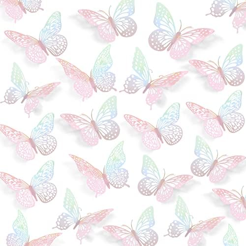 SAOROPEB 3D Butterfly Wall Decor 48 Pcs Laser Pink Butterfly Decorations by SAOROPEB