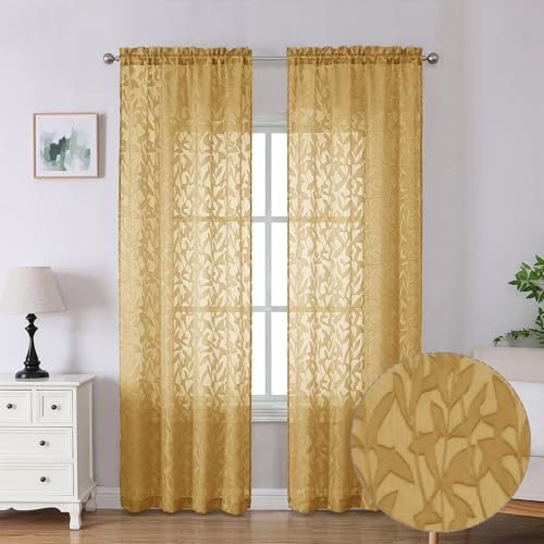 Lecloud Leia Dark Gold Sheer Curtains 90 Inches Long 2 Panels, Textured French by Lecloud