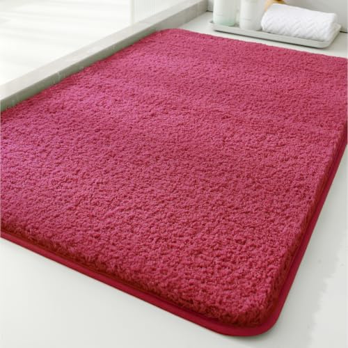 Polyester Bathroom Rug 20"x32" Red, Non-Slip Soft Shaggy Bath Mat by Kildoss