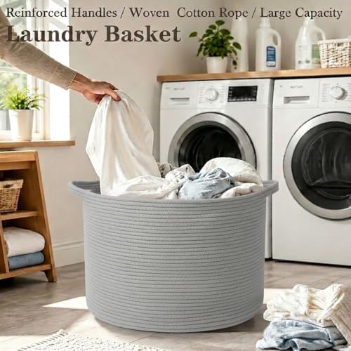 90L Extra Large Blanket Basket, Woven Rope Laundry Basket-Light Grey - Image 5