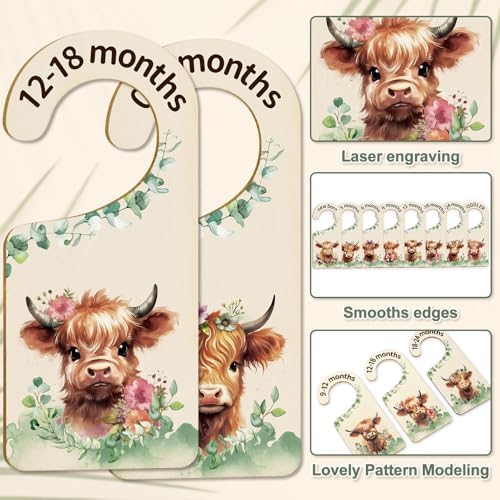 Whaline 8 Pcs Baby Closet Size Dividers Watercolor Highland Cow Hanging Wood - Image 3