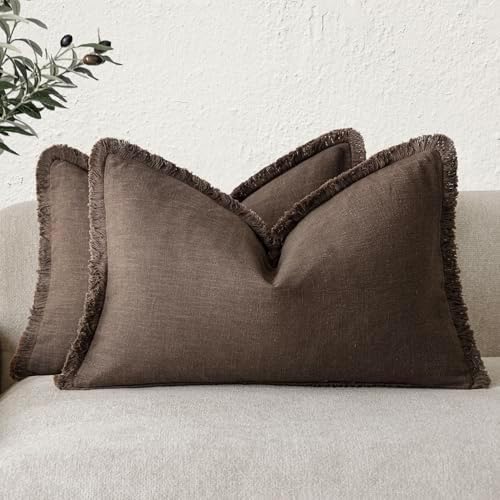 Foindtower Boho Linen Fringe Lumbar Throw Pillow Covers 12×24 Reddish Brown by Foindtower