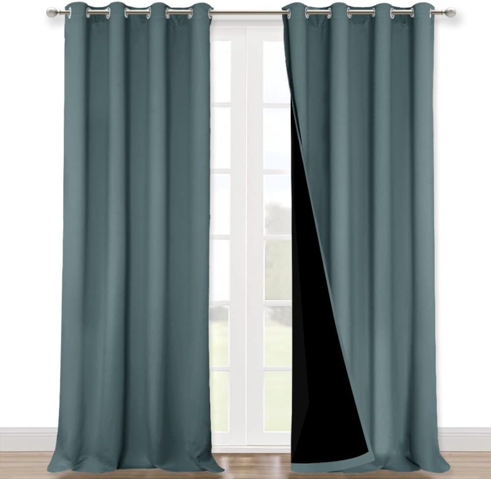 NICETOWN Full Shading Curtains 90" Long 2 Panels Set for Windows, Super Heavy-Duty Black Lined Blackout Curtains for Bedroom, Privacy Assured Window Treatment (Greyish Blue, Pack of 2, 52" W)