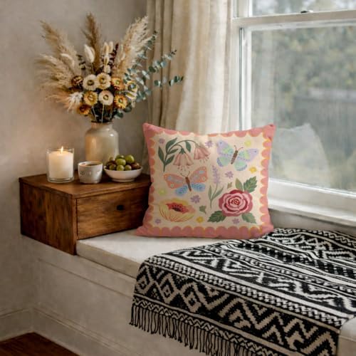 Folk Art Floral Butterfly Pink Pillow Cover 18x18 - Image 6