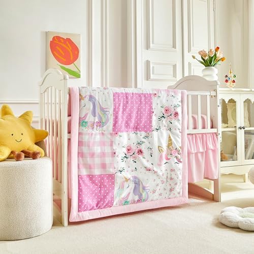 Patchwork Crib Bedding Set Unicorn Plaid Floral Design 3 Pieces Baby Girl Cute - Image 4