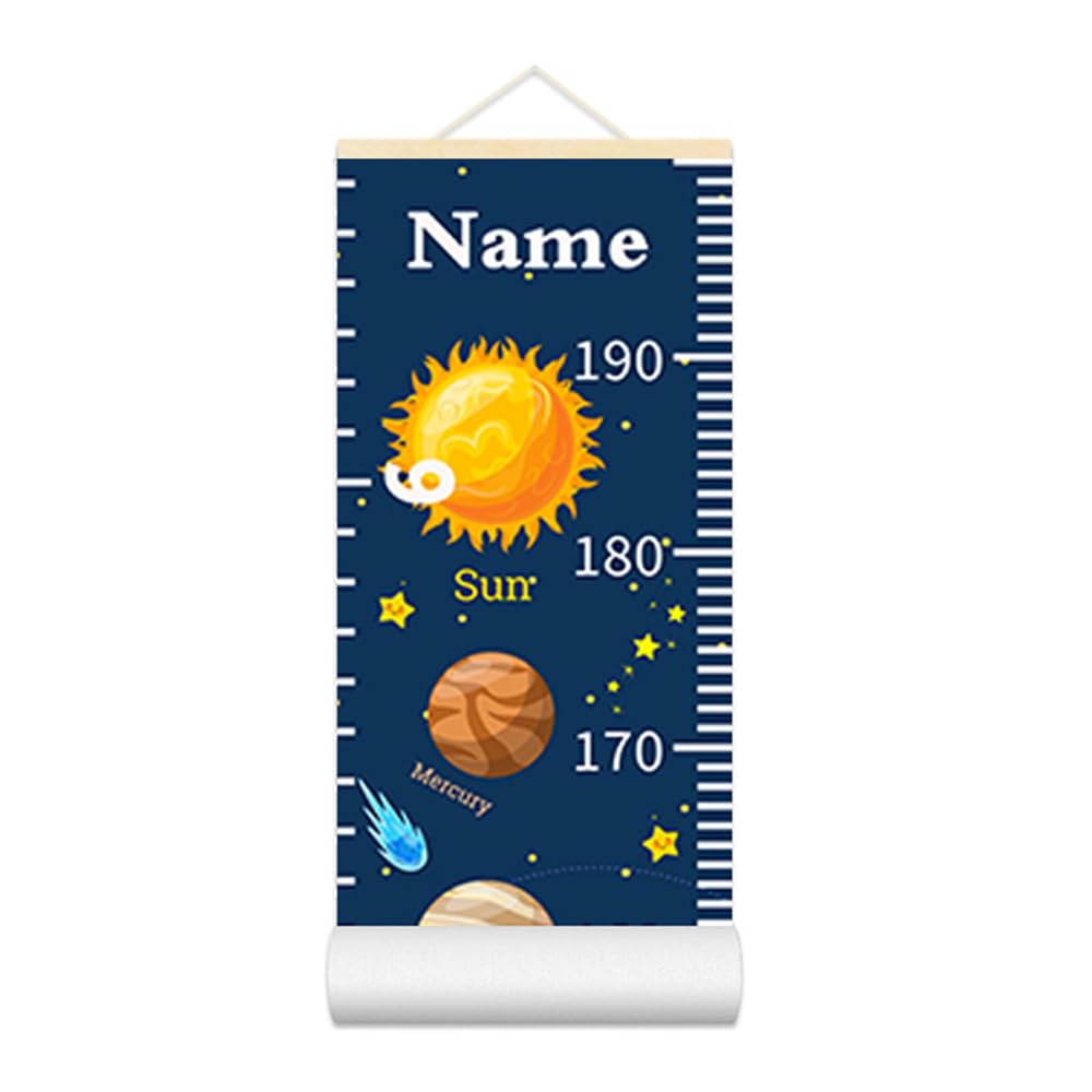 Personalized Growth Chart for Kids, Baby Height Chart with Custom Name, 77"x7.9" Canvas and Beige Wood Height Measuring Rulers for Boys Girls Removable Wall Ruler Hanging for Nursery Decor - Planets