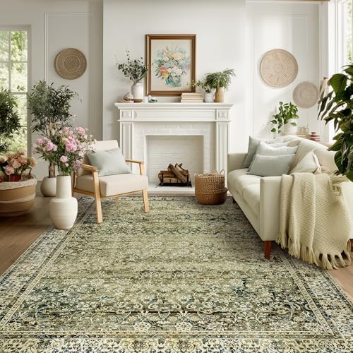 Olive and Tan Rug 5x8 Neutral Floral Soft Carpet Washable by BILEEHOME