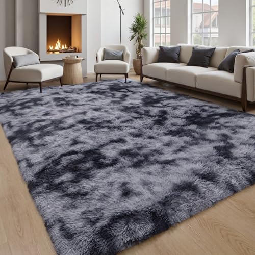 Grey Fluffy 8x10 Area Rug, Tie-Dye Dark Gray Soft Washable Shag Carpet by KICHOWUA