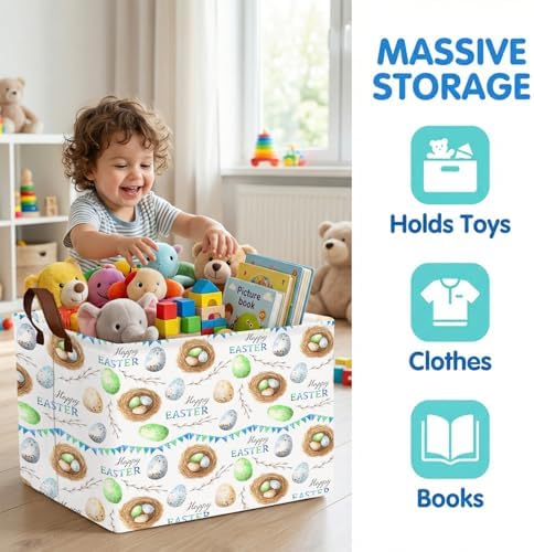 Large Cute Easter Basket for Kid Empty Gift Baby Rectangle Storage Bin Bunny - Image 2