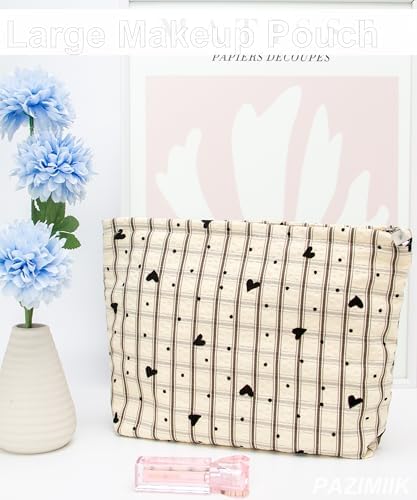 Flat Makeup Bag for Women, Zipper Cosmetic Pouch for Purse, Gingham Heart - Image 5