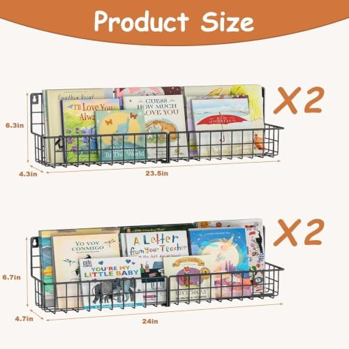 X-cosrack 24 Inch Wall Mounted Kids Bookshelf, Floating Metal Book Shelves - Image 3