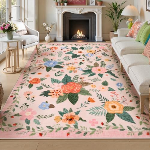 Lahome Pink Rugs for Kids Room 8x10, Pastel Floral Border Decor for Girls Room by Lahome